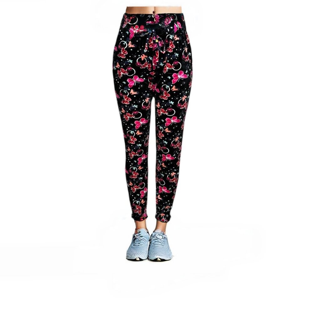 Women's Black Floral Print Drawstring Jogger Pants